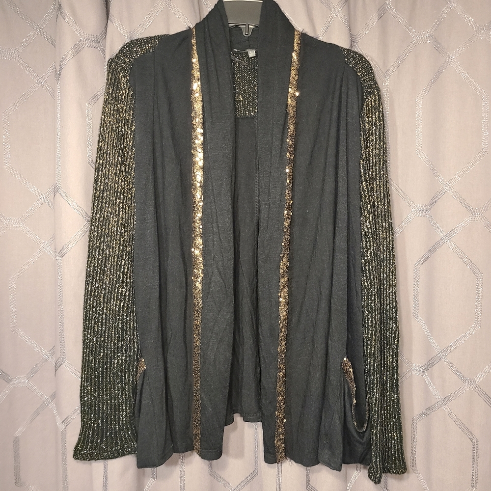 Miss Me Black Gold Metallic Sequin Cardigan Sweater L